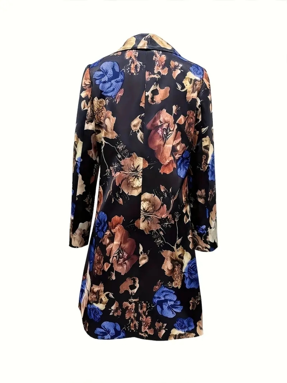Black Floral Satin Trench Coat with Blue & Cream Accents - Picture 2 of 2